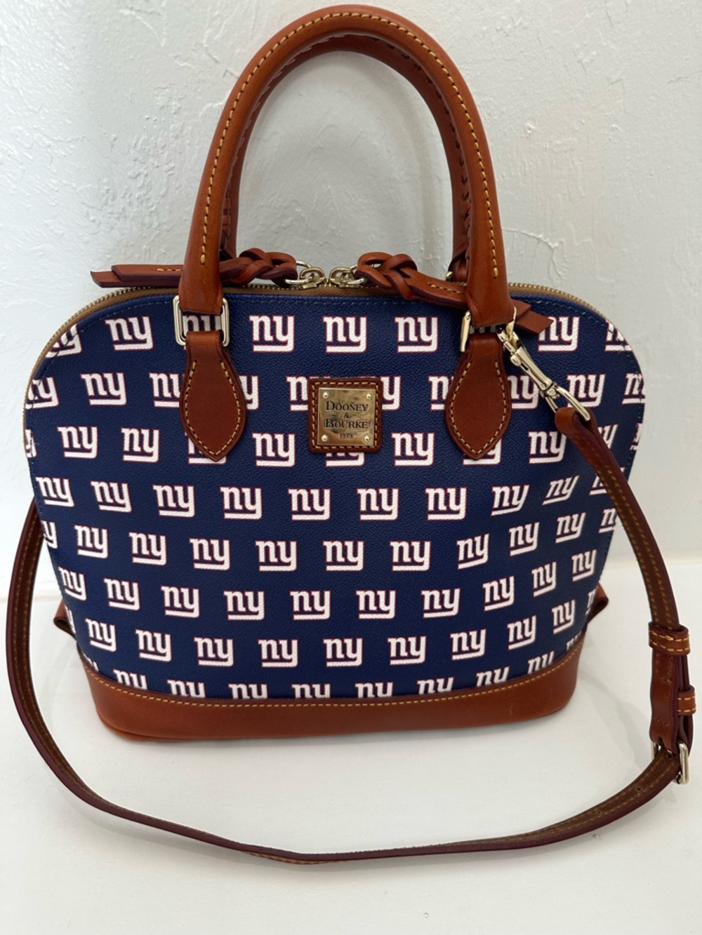 Dooney & Bourke Navy New York Giants Logo Dome Satchel with Brown Leather Trim